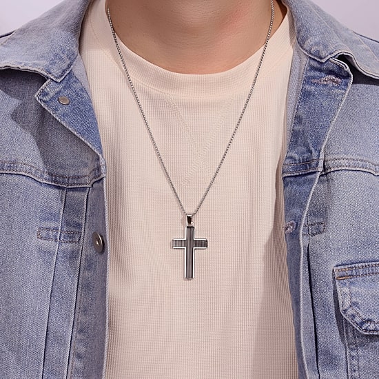 Mens Stainless Steel Cross 24 Inch Pendant Necklace