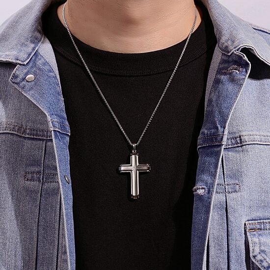 Mens Stainless Steel Cross 24 Inch Pendant Necklace