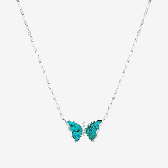 Womens Blue Turquoise Sterling Silver Butterfly 16 Inch Pendant Necklace