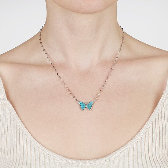 Womens Blue Turquoise Sterling Silver Butterfly 16 Inch Pendant Necklace