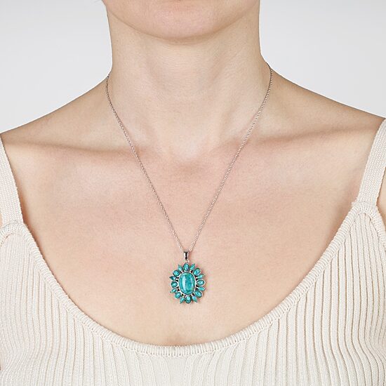 Womens Blue Turquoise Sterling Silver Oval 18 Inch Pendant Necklace