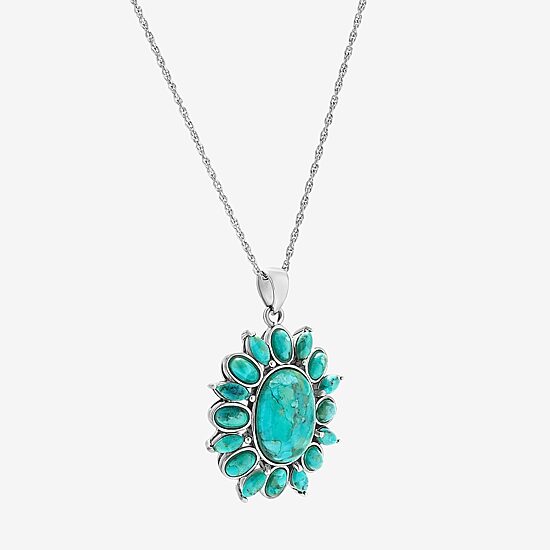 Womens Blue Turquoise Sterling Silver Oval 18 Inch Pendant Necklace