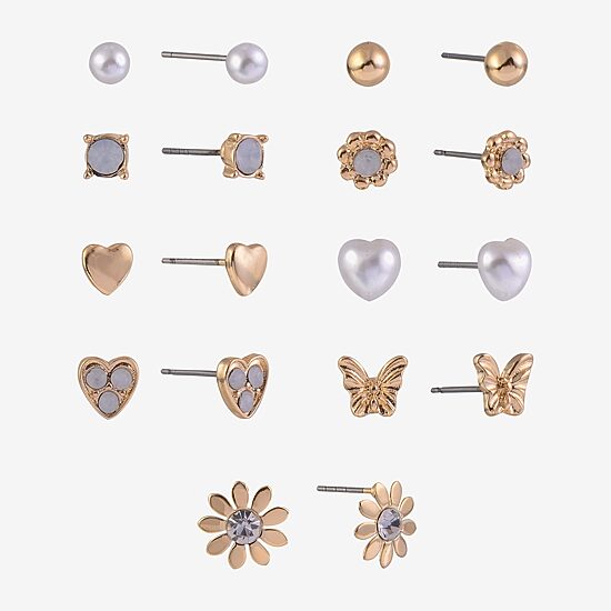 Arizona Gold Tone Daisy Womens Glass Butterfly Flower Heart 9 Pair Earring Set