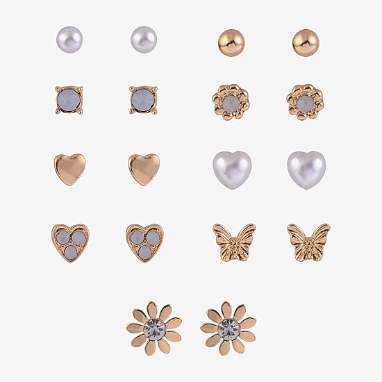 Arizona Gold Tone Daisy Womens Glass Butterfly Flower Heart 9 Pair Earring Set