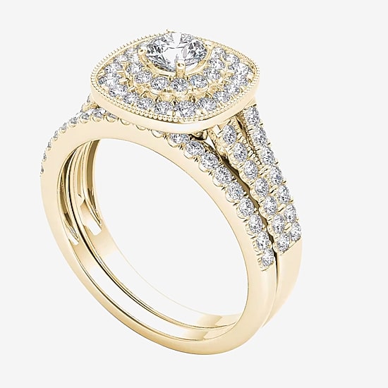 Womens 3/4 CT. T.W. Natural White Diamond 14K Gold Cushion Side Stone Halo Bridal Set