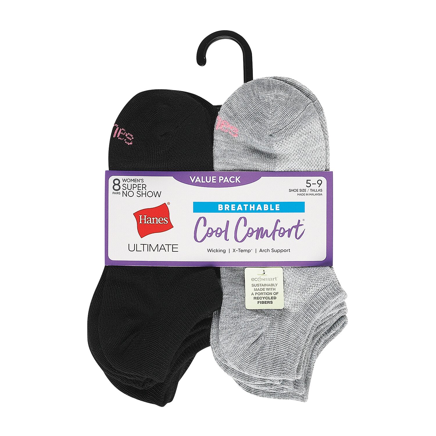 Hanes Cool Comfort Super No Show Womens Breathable Multi-Pack 8 Pair Liner Socks