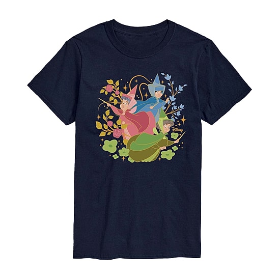 Sleeping Beauty Flora; Fauna And Merryweather Tee Womens Juniors Crew Neck Short Sleeve Regular Fit Sleeping Beauty Graphic T-Shirt