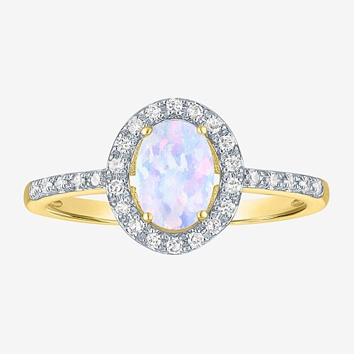 Womens Diamond Accent Lab Created White Opal 10K Gold Halo Side Stone Cocktail Ring, 7
