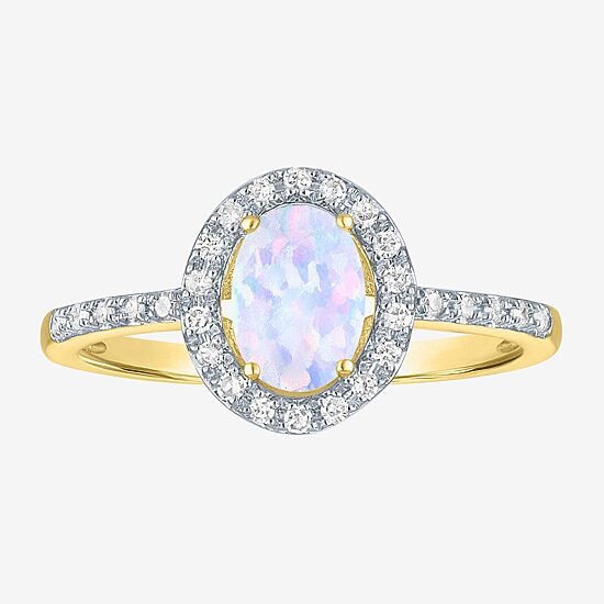 Womens Diamond Accent Lab Created White Opal 10K Gold Halo Side Stone Cocktail Ring