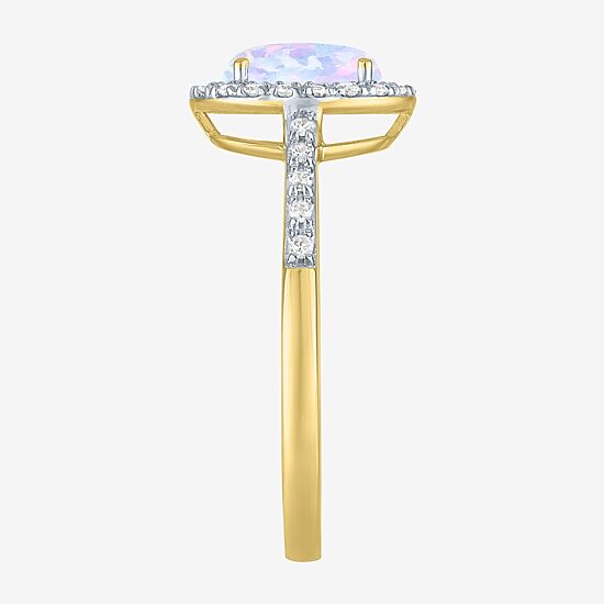 Womens Diamond Accent Lab Created White Opal 10K Gold Halo Side Stone Cocktail Ring