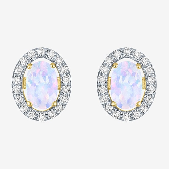 Diamond Accent Lab Created White Opal 10K Gold 9.5mm Stud Earrings
