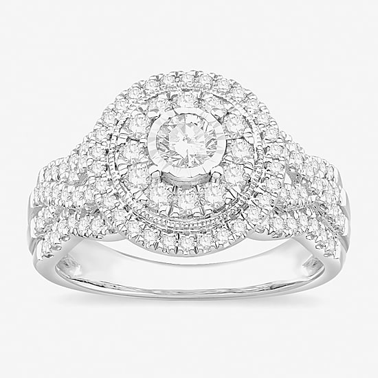 Womens 1 CT. T.W. Natural White Diamond 10K Gold Round Side Stone Halo Engagement Ring