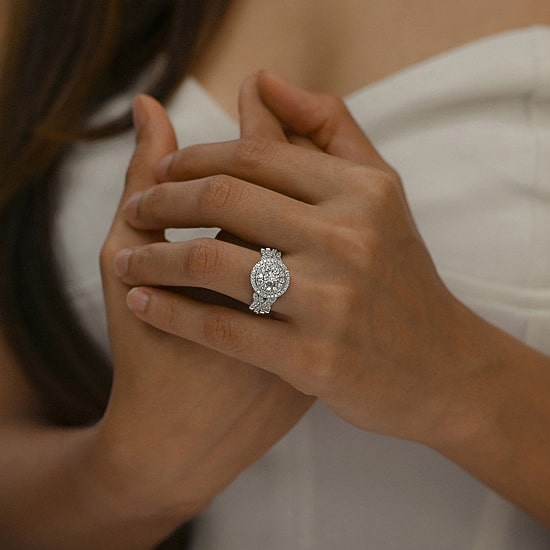 Womens 1 CT. T.W. Natural White Diamond 10K Gold Round Side Stone Halo Engagement Ring
