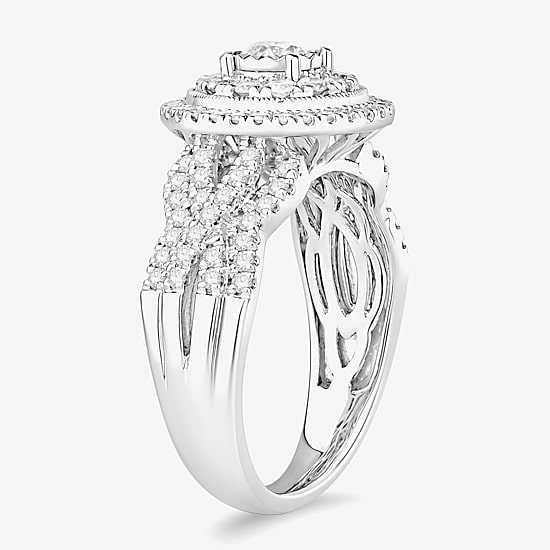 Womens 1 CT. T.W. Natural White Diamond 10K Gold Round Side Stone Halo Engagement Ring