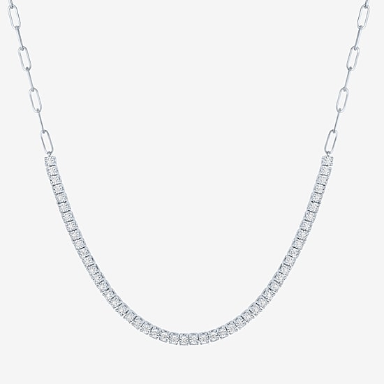 (G-H / I1-I2) Womens White Diamond Sterling Silver 13 Inch Tennis Necklace