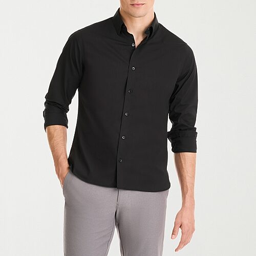 Van Heusen Everyday Defense Stain Shield Mens Long Sleeve Slim Fit Stretch Fabric Button-Down Shirt, Large, Black