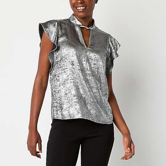 Worthington Womens Keyhole Neck Short Sleeve Blouse