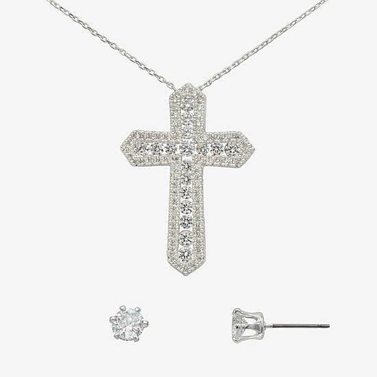 Sparkle Allure Womens Cubic Zirconia Pure Silver Over Brass Cross 2-pc. Jewelry Set