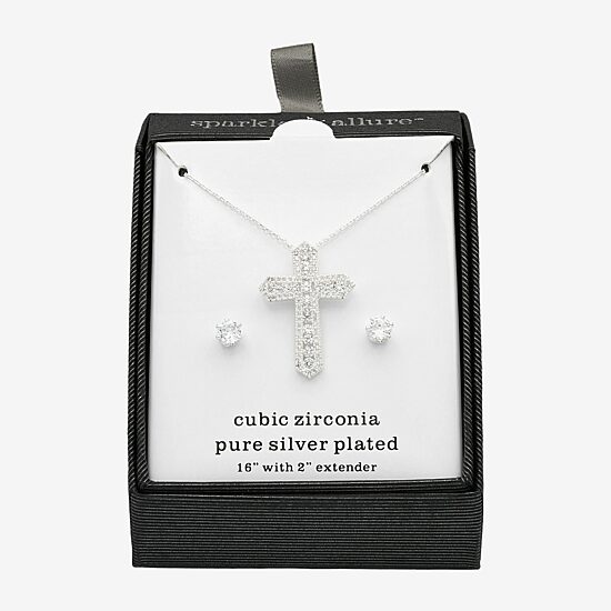 Sparkle Allure Womens Cubic Zirconia Pure Silver Over Brass Cross 2-pc. Jewelry Set