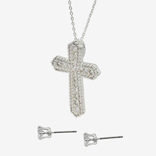 Sparkle Allure Womens Cubic Zirconia Pure Silver Over Brass Cross 2-pc. Jewelry Set