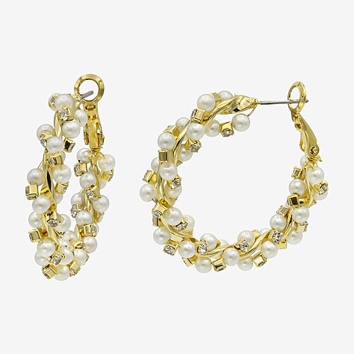 Silver Reflections Womens Cubic Zirconia Simulated Pearl 14K Gold Over Brass 35mm Hoop Earrings, One Size