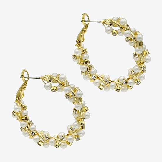 Silver Reflections Womens Cubic Zirconia Simulated Pearl 14K Gold Over Brass 35mm Hoop Earrings