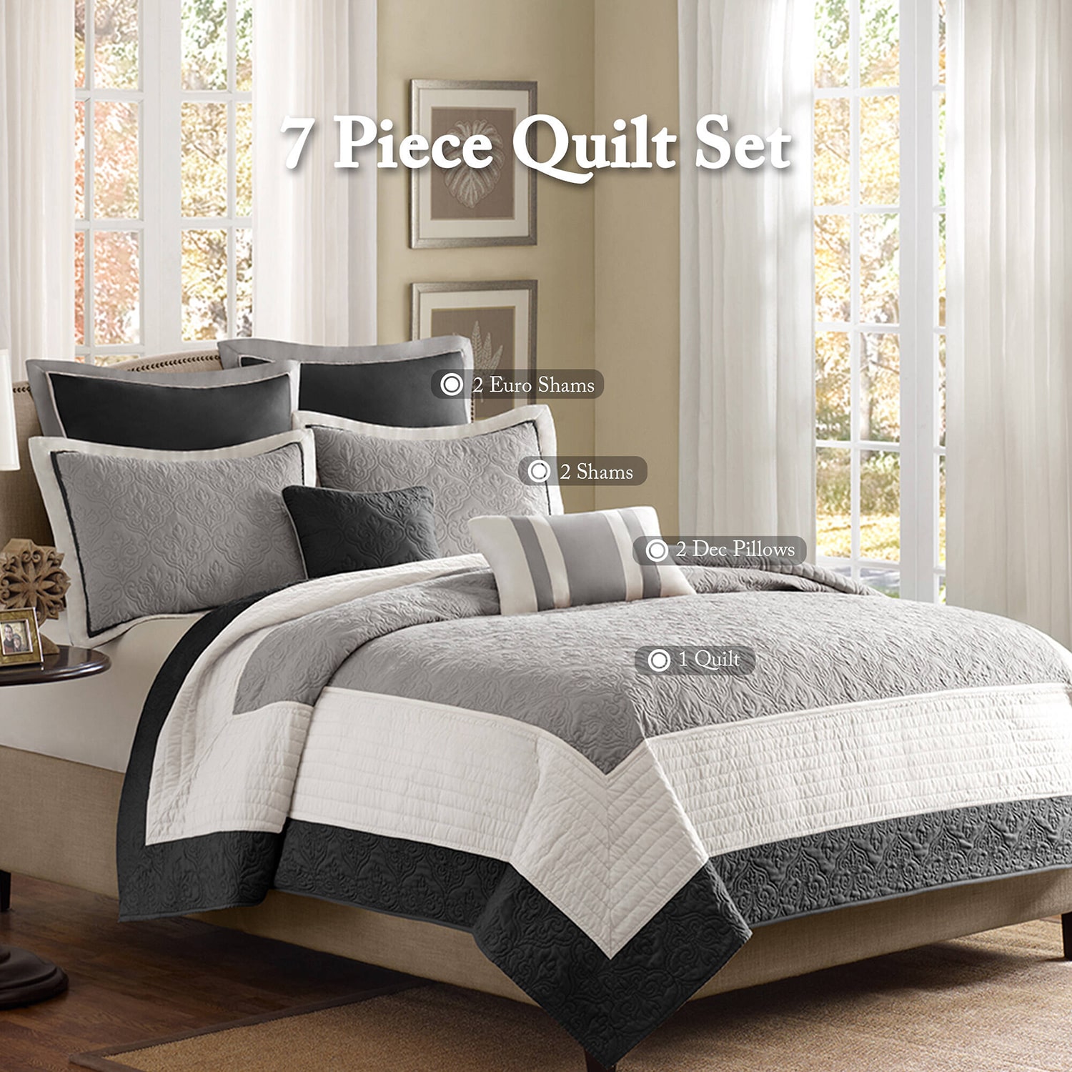 Madison Park Danville 7-Pc Quilt Set with Euro Shams and Throw Pillows