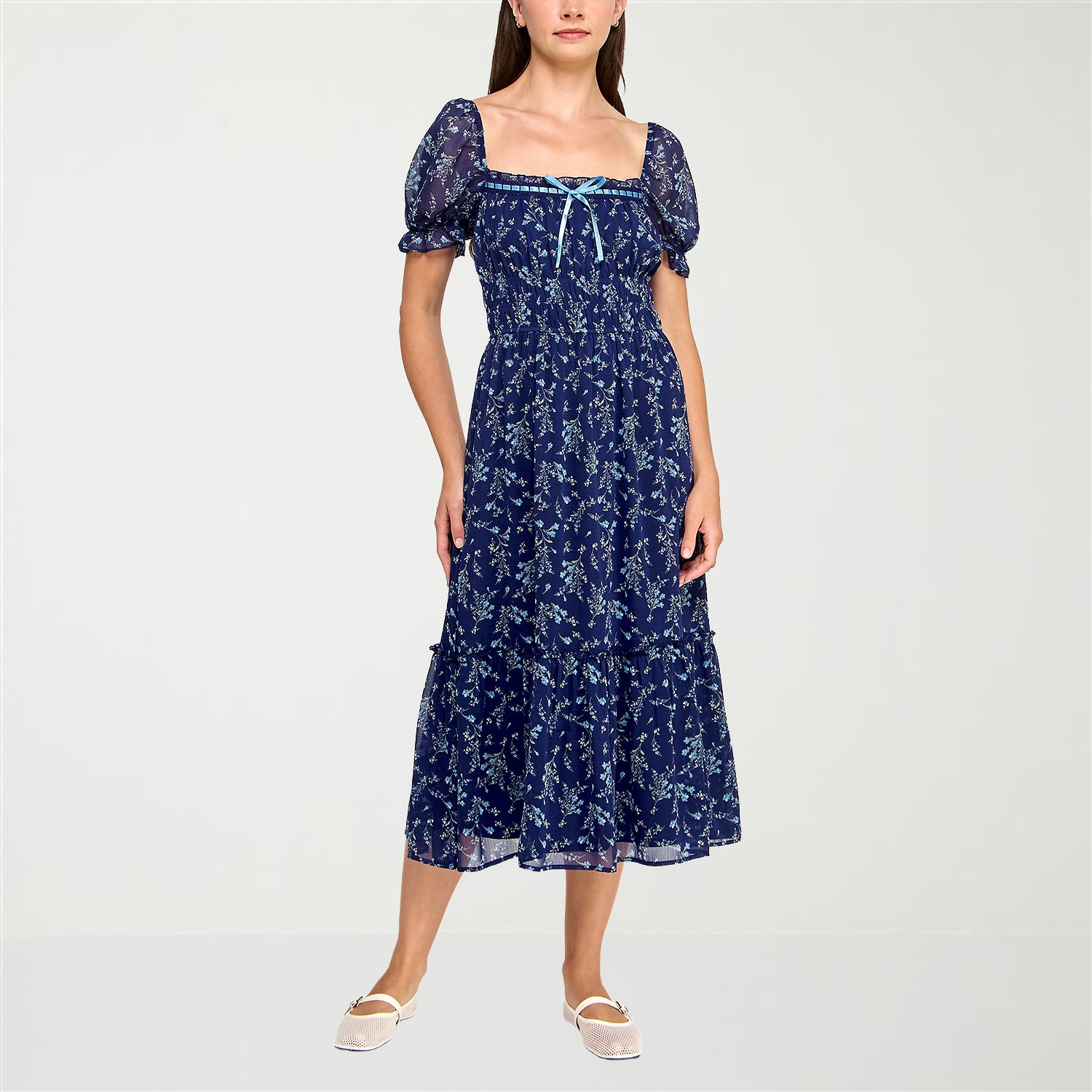 Trixxi Womens Juniors Midi Square Neck Short Sleeve Puffed Floral Fit + Flare Dress