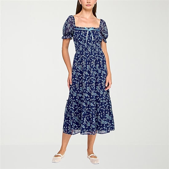 Trixxi Womens Juniors Midi Square Neck Short Sleeve Puffed Floral Fit + Flare Dress