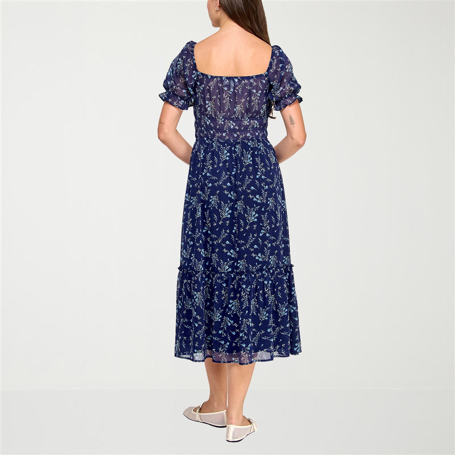 Trixxi Womens Juniors Midi Square Neck Short Sleeve Puffed Floral Fit + Flare Dress