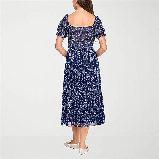 Trixxi Womens Juniors Midi Square Neck Short Sleeve Puffed Floral Fit + Flare Dress