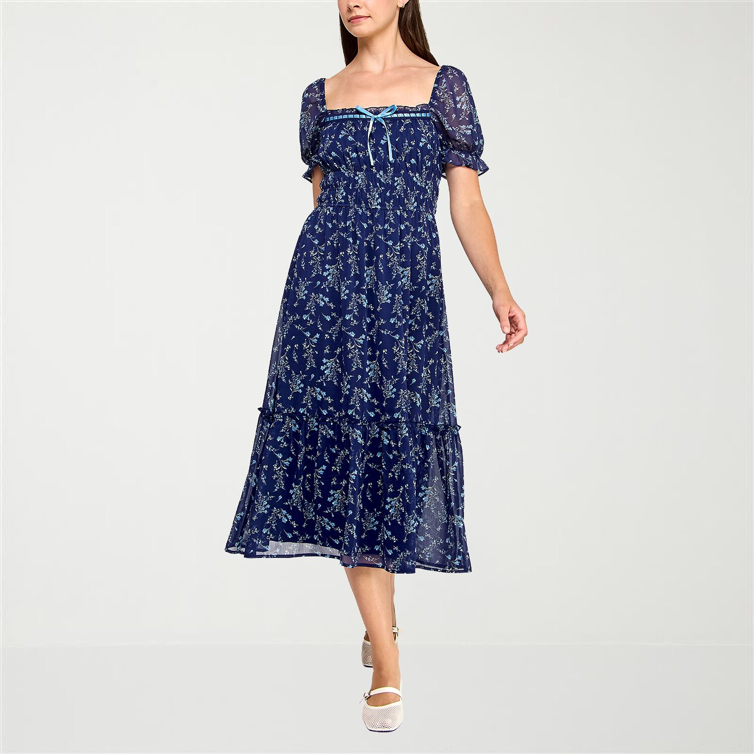 Trixxi Womens Juniors Midi Square Neck Short Sleeve Puffed Floral Fit + Flare Dress