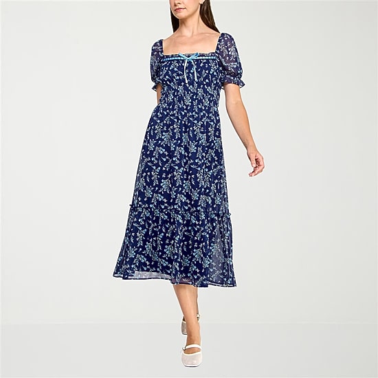 Trixxi Womens Juniors Midi Square Neck Short Sleeve Puffed Floral Fit + Flare Dress