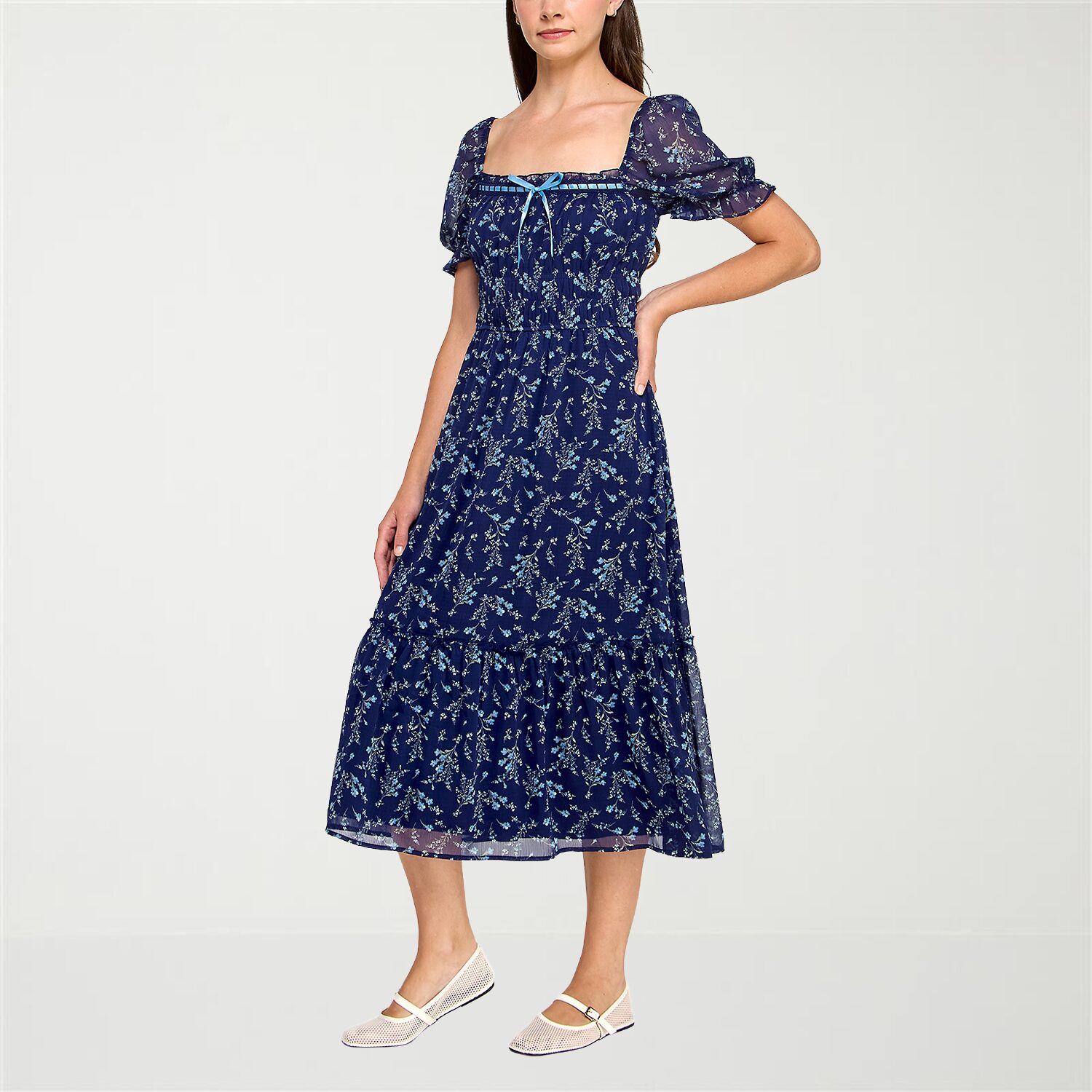 Trixxi Womens Juniors Midi Square Neck Short Sleeve Puffed Floral Fit + Flare Dress