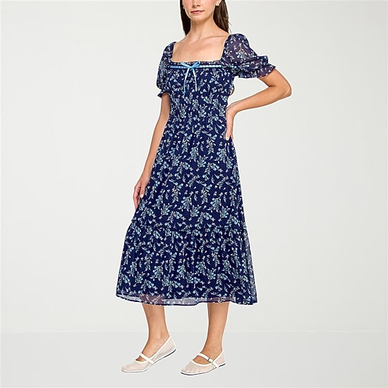 Trixxi Womens Juniors Midi Square Neck Short Sleeve Puffed Floral Fit + Flare Dress