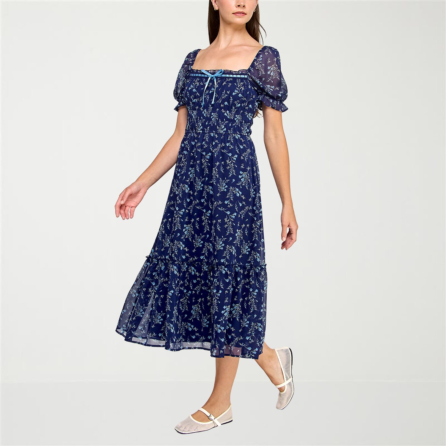 Trixxi Womens Juniors Midi Square Neck Short Sleeve Puffed Floral Fit + Flare Dress