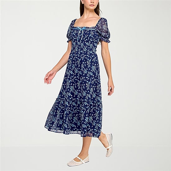 Trixxi Womens Juniors Midi Square Neck Short Sleeve Puffed Floral Fit + Flare Dress