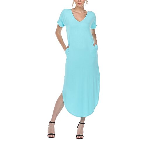 White Mark Womens V Neck Short Sleeve Fitted Maxi Dress, Large, Blue