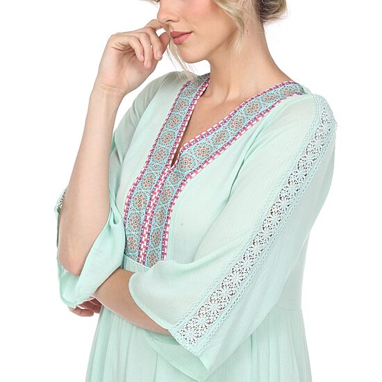 White Mark Womens V Neck 3/4 Sleeve Embroidered Peasant Dress