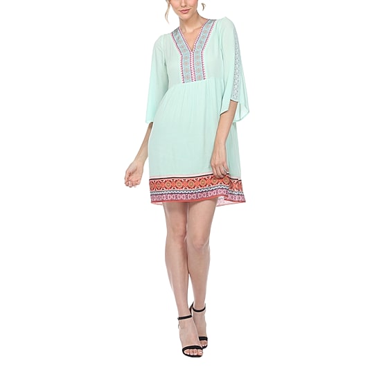 White Mark Womens V Neck 3/4 Sleeve Embroidered Peasant Dress
