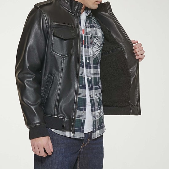 Levi's® Mens Faux Leather Water Resistant Midweight Bomber Jacket