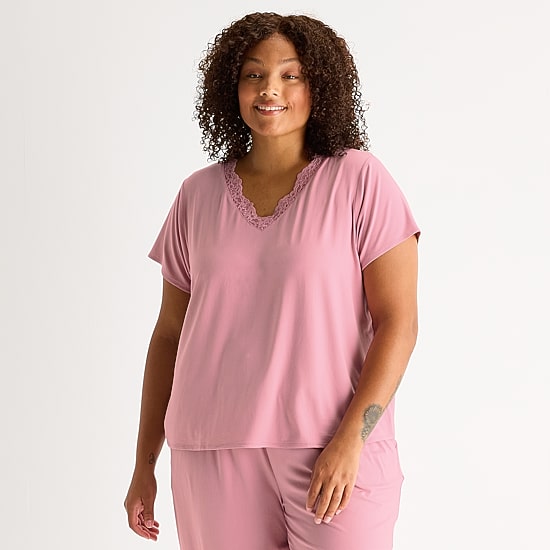 Ambrielle Womens V Neck Short Sleeve Plus Pajama Top