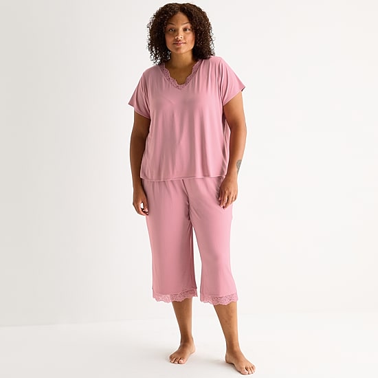 Ambrielle Womens V Neck Short Sleeve Plus Pajama Top