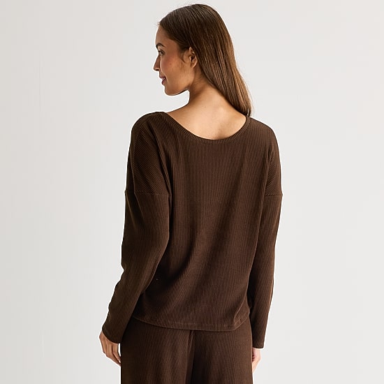 Ambrielle Womens Rib V Neck Long Sleeve Pajama Top
