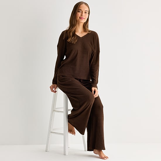 Ambrielle Womens Rib V Neck Long Sleeve Pajama Top