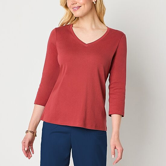 St. John's Bay Womens V Neck 3/4 Sleeve T-Shirt