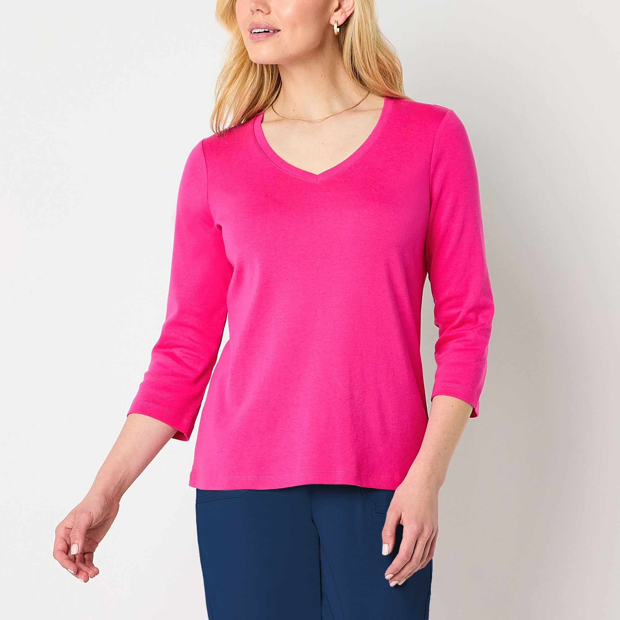 St. John's Bay Womens V Neck 3/4 Sleeve T-Shirt