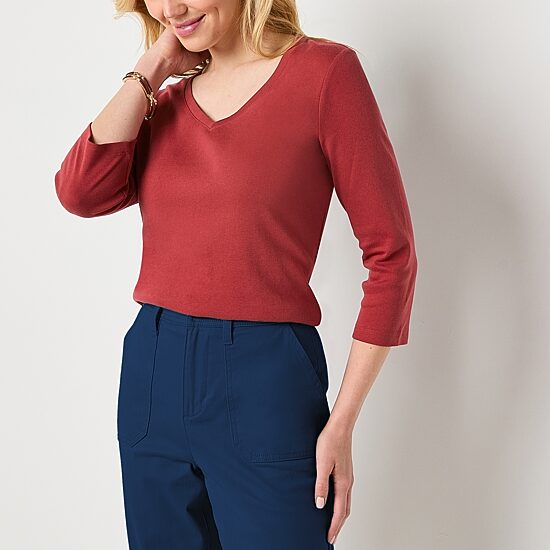 St. John's Bay Womens V Neck 3/4 Sleeve T-Shirt