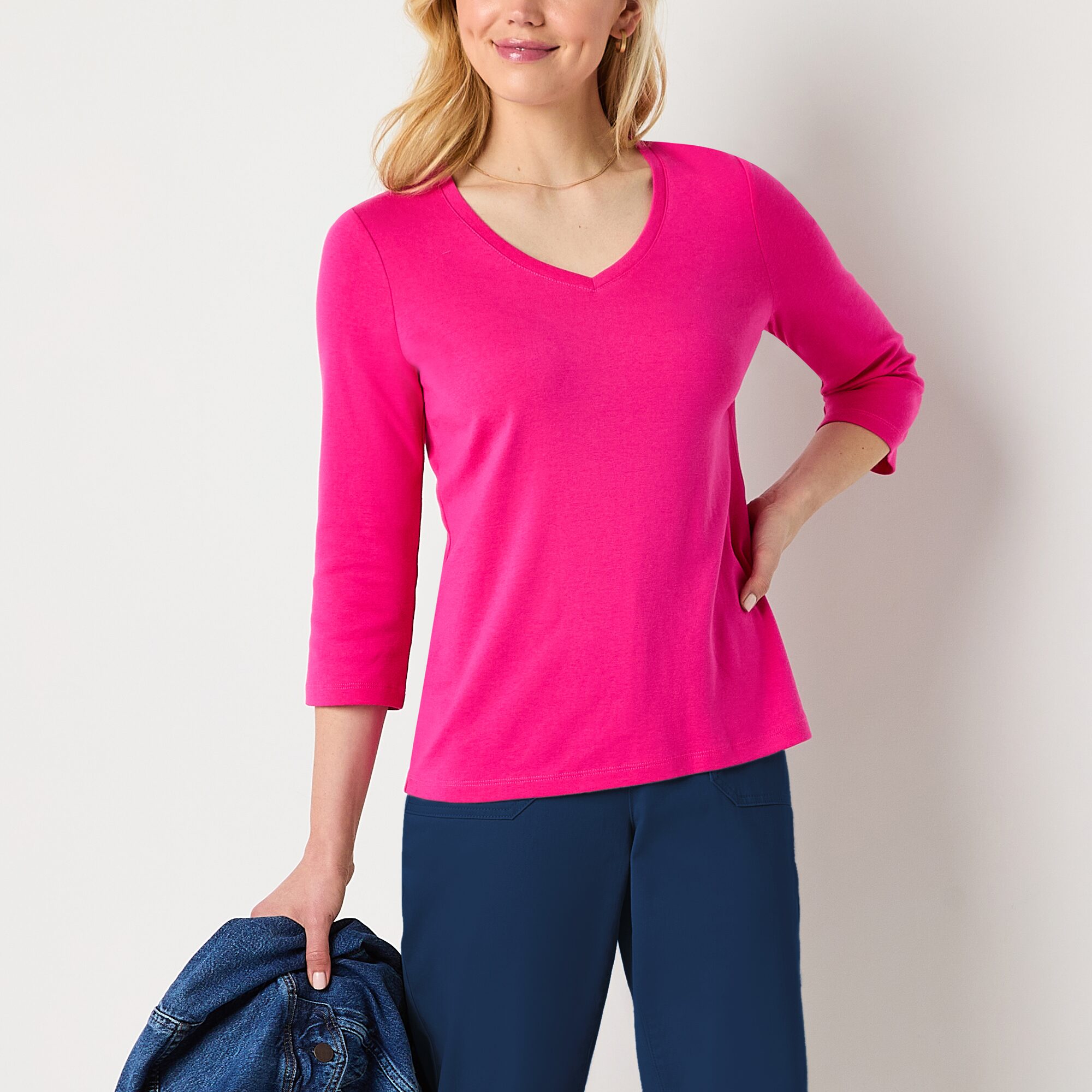 St. John's Bay Womens V Neck 3/4 Sleeve T-Shirt