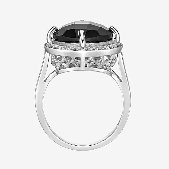 Womens Genuine Black Onyx Sterling Silver Cushion Halo Cocktail Ring